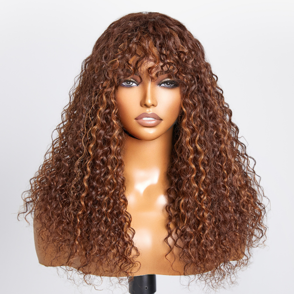 Highlight Brown Curly Minimalist Lace Glueless Long Wig With Bangs 100% Human Hair