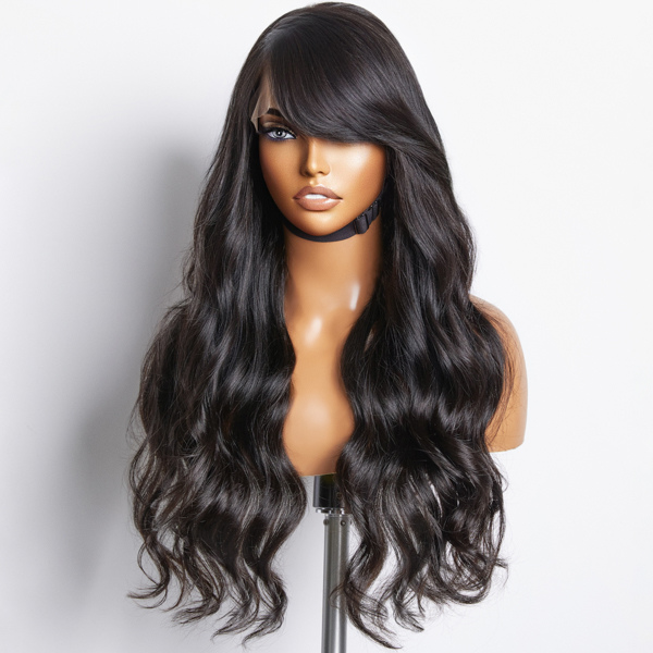 【20 inches = $189.9】Graceful Natural Black Body Wave With Bangs 5x5 Closure Lace Glueless C Part Long Wig 100% Human Hair