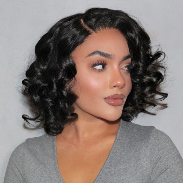 Natural Black Roll Curly 4x4 Closure Lace Glueless C Part Short Wig 100% Human Hair