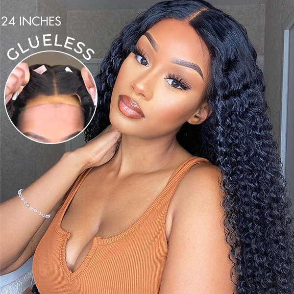 【24 inches = $219.9】Deep Wave 4x4 Closure Lace Glueless Mid Part Long Wig 100% Human Hair
