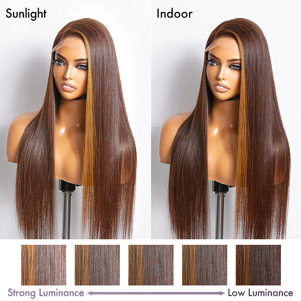 【20 inches = $209.9】Brown With Blonde Highlight Silky Straight Glueless 5x5 Closure Lace Wig 100% Human Hair