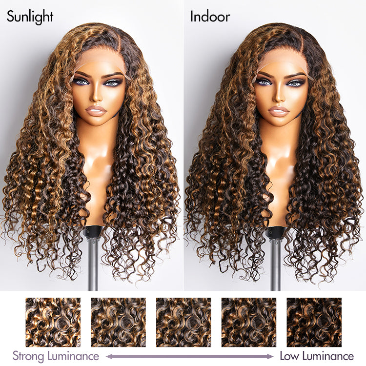 Brown Highlights Funmi Curly Glueless 5x5 Closure Lace Long Curly Wig Beginner Friendly | Large & Small Cap Size