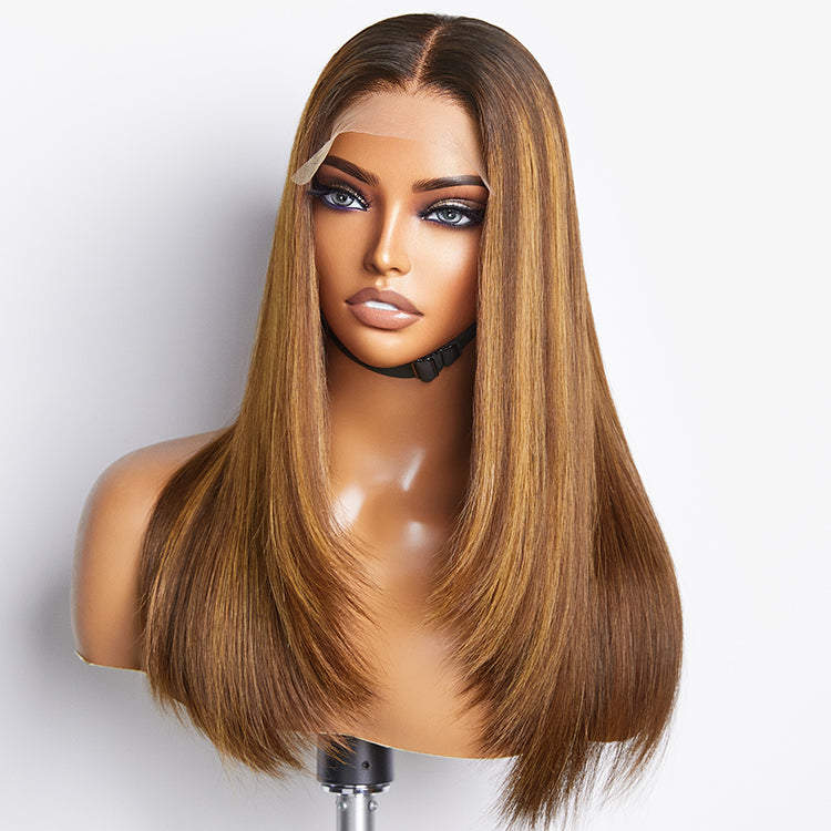 【16 inches = $179.9】Limited Design | Layered Cut Brown Mix Blonde Glueless 5x5 Closure Lace Wig 3 Cap Sizes