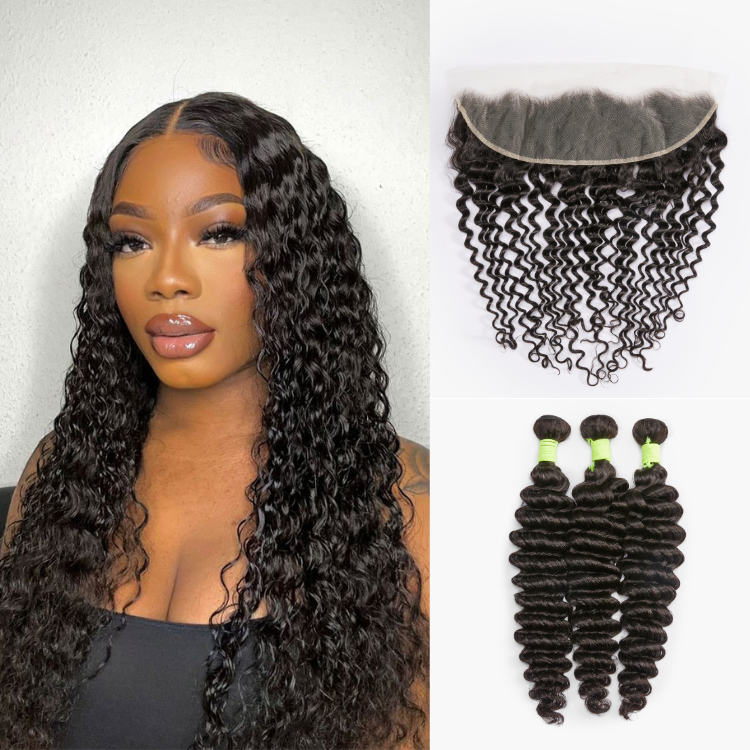 Deep Wave 13x4 Lace Frontal with 3 Curly Bundles 100% Human Hair