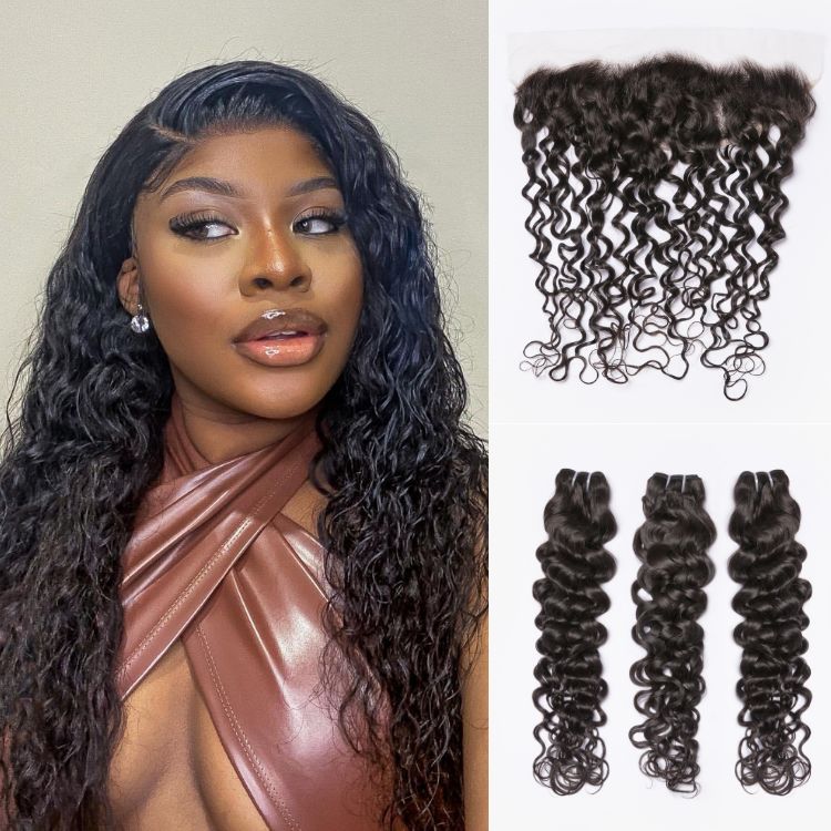 Water Wave 13x4 Frontal Lace with 3 Bundles 100% Human Hair