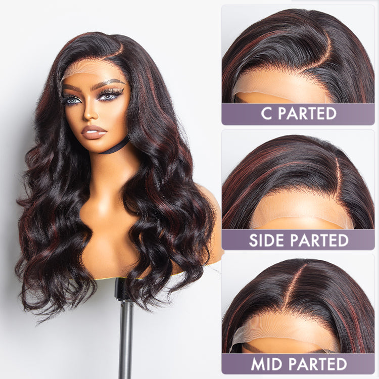 Dark Red Highlights C Part Loose Wave  Glueless 5x5 Closure Lace Wig Ready To Go