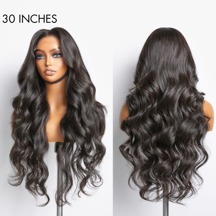 Natural Black Loose Body Wave 5x5 Closure HD Lace Glueless Mid Part Long Wig 100% Human Hair