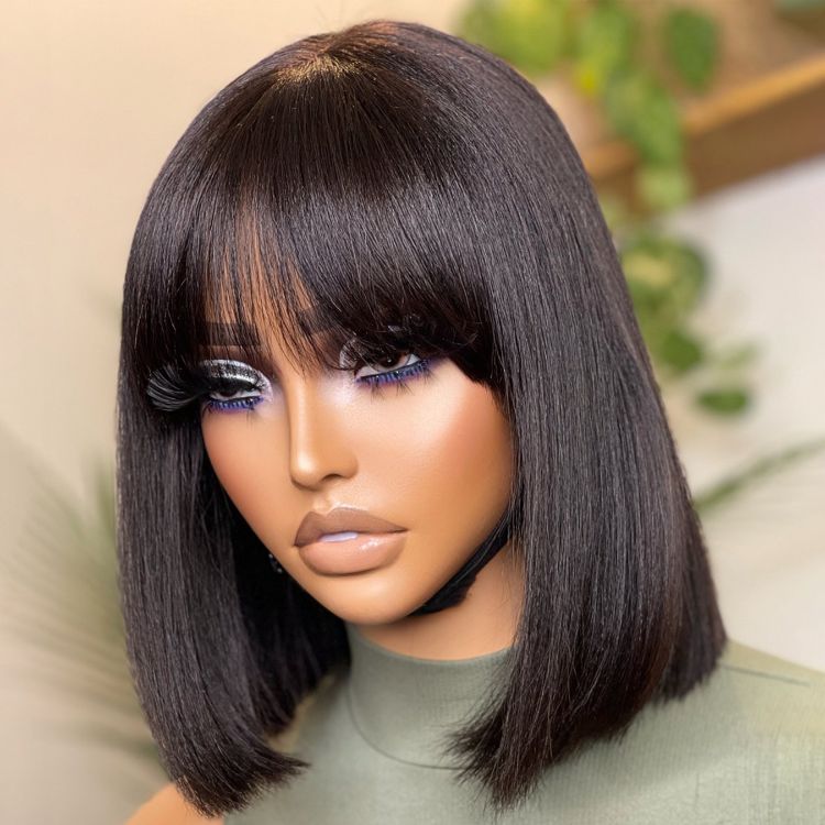 Exclusive Discount | Put On And Go Realistic Glueless Yaki Straight Bob With Bangs Minimalist Undetectable HD Lace Wig 100% Human Hair