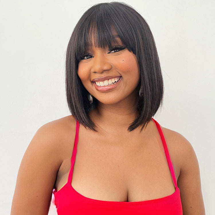 Glueless 13x4 Frontal Lace Ear-to-ear Natural Black Bob Wigs with Bangs