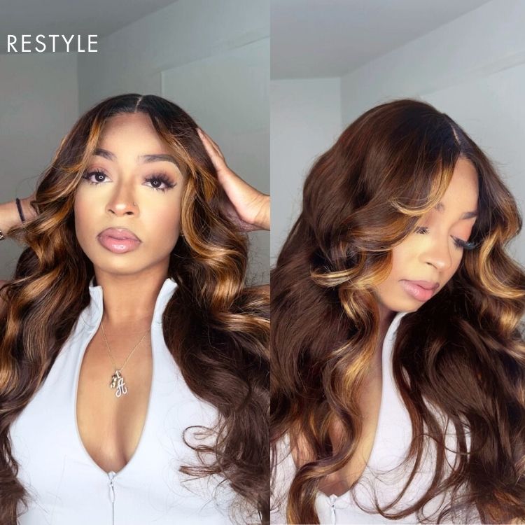 Brown Highlight Loose Wave Glueless 5x5 Closure HD Lace Wig With Curtain Bangs