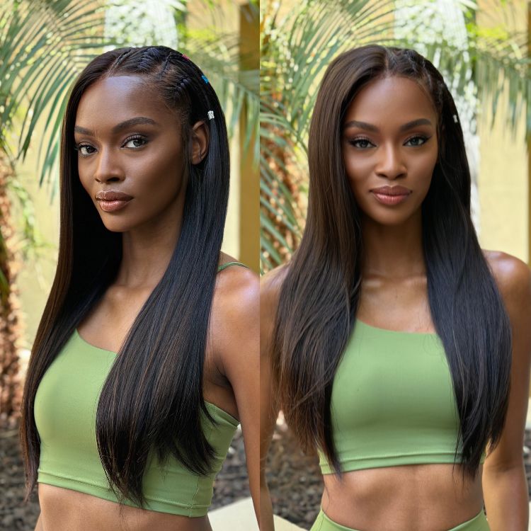 Limited Design | Natural Black Left Side Braids Straight 13x4 Frontal HD Lace Long Wig 100% Human Hair