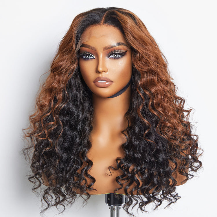 Classic and Chic Peekaboo Ombre Brown Loose Water Wave Glueless 5x5 Closure Lace Long Curly Wig