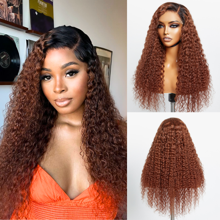 Reddish Brown Ombre Water Wave Glueless 5×5 Closure Lace Wig Pre-bleached