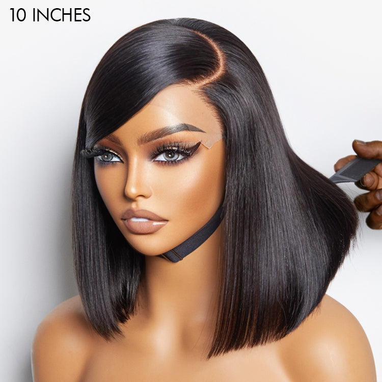 Swoop Bangs Deep Left C Part Silky Straight Glueless 5x5 Closure Lace Bob Wig Ready To Go
