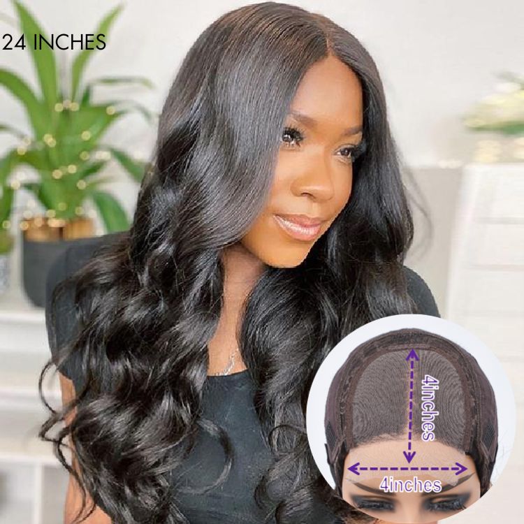 【22 inches = $189.9】Super Easy Natural Black Body Wave 4x4 Closure Lace Glueless Mid Part Long Wig 100% Human Hair