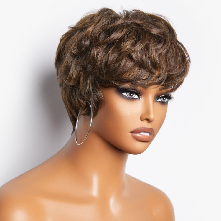 Pixie Cut Blonde Highlight No Lace Glueless Short Wig with Bangs Ready to Go | Not Sold Separately