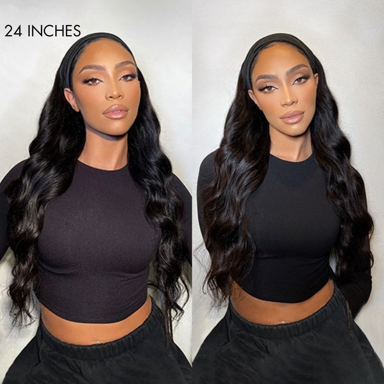 Natural Black Body Wave No Lace Glueless Long Headband Wig 100% Human Hair