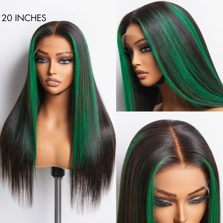 Limited Design | Green Highlight Silky Straight Glueless 5x5 Closure Lace Wig