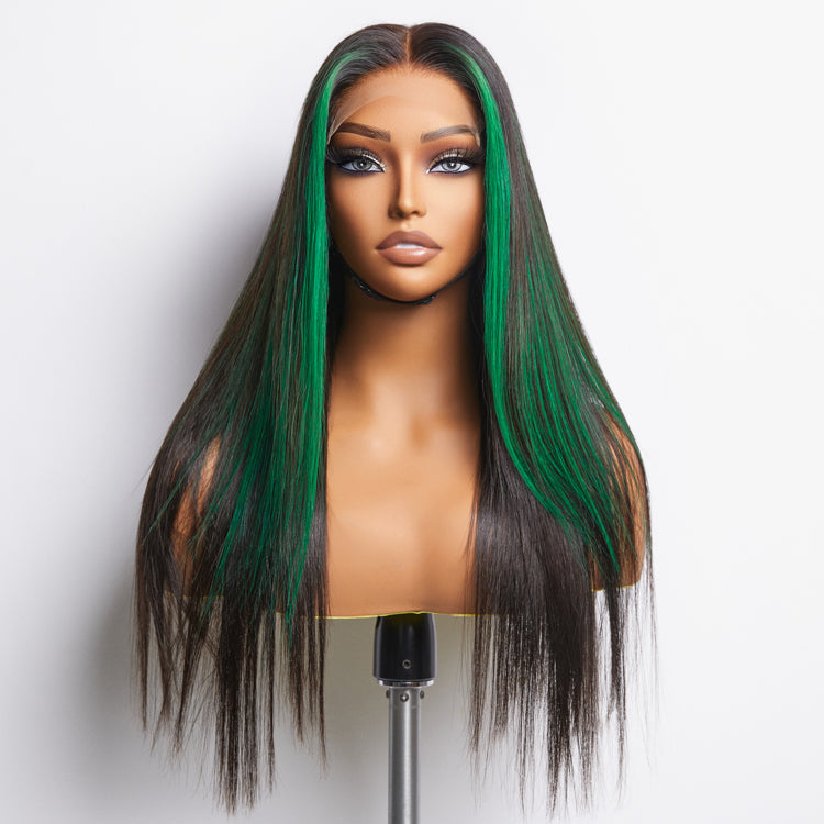 Limited Design | Green Highlight Silky Straight Glueless 5x5 Closure Lace Wig