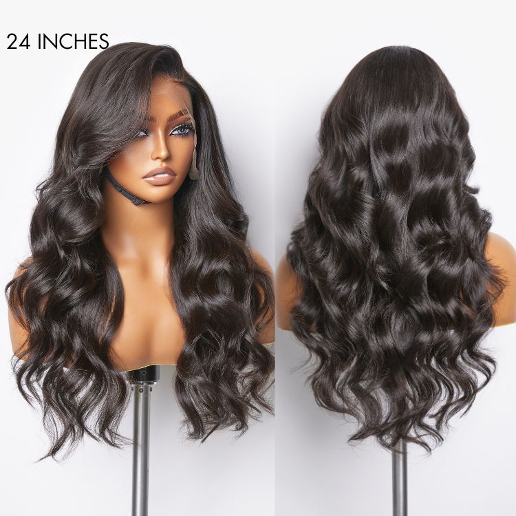 【22 inches = $219.9】Glueless 13x6 Compact Frontal Lace Natural Black Body Wave Side Part Long Wig 100% Human Hair
