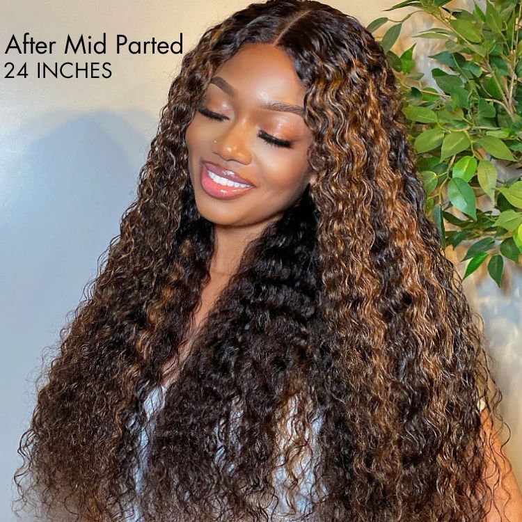 Brown Highlights Funmi Curly Glueless 5x5 Closure Lace Wig Beginner Friendly | Large & Small Cap Size