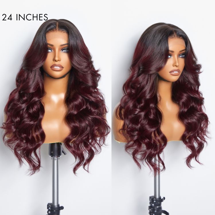 【20 inches = $209.9】Ombre 99J Trendy Layered Cut Loose Body Wave 5x5 Closure HD Lace Glueless Mid Part Long Wig 100% Human Hair