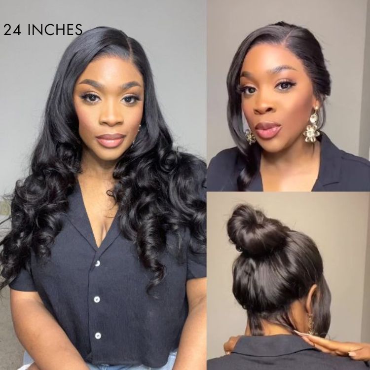 Glueless 13x6 Frontal Lace Natural Black Body Wave Side Part Long Wig 100% Human Hair