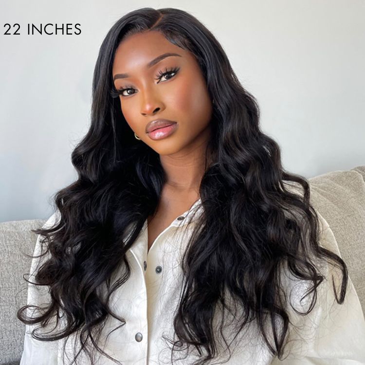 Glueless 13x6 Frontal Lace Natural Black Body Wave Side Part Long Wig 100% Human Hair