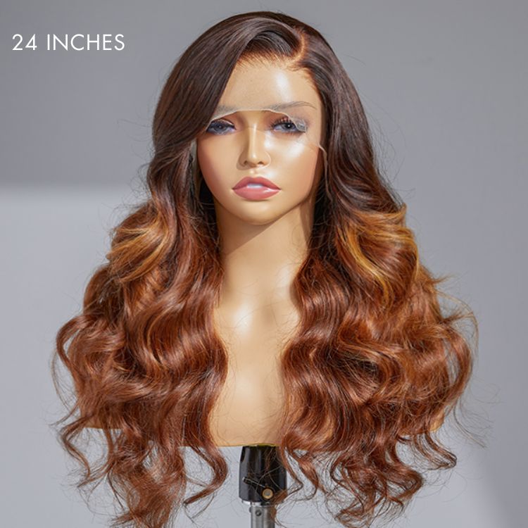 Limited Design | Amanda Honey Brown Highlight Glueless 13x4 Frontal Lace Side Part Long Wig | Large & Small Cap Size