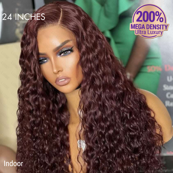【16 inches = $179.9】200% Mega Density | Dark Purple Water Wave 5x5 Closure HD Lace Glueless Side Part Long Wig 100% Human Hair