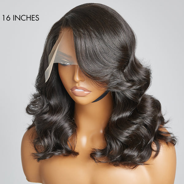 Layered Body Wave with Bangs 5x5 Closure Lace Glueless C Part Long Wig 100% Human Hair