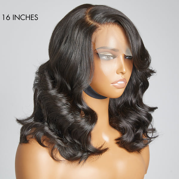 Layered Body Wave with Bangs 5x5 Closure Lace Glueless C Part Long Wig 100% Human Hair