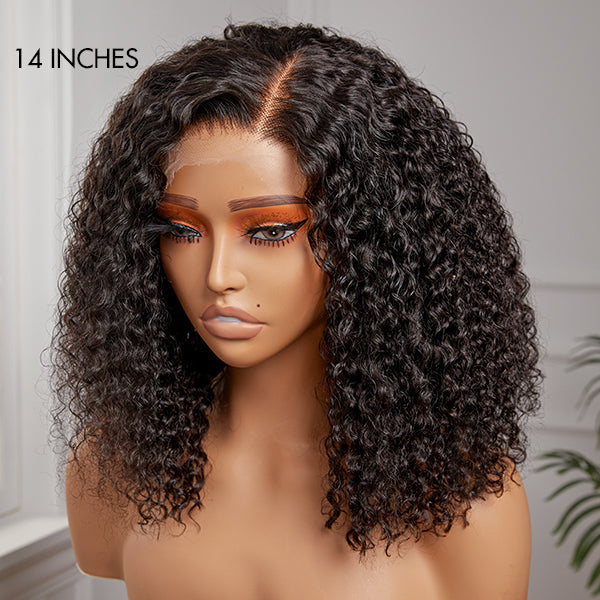 Full Kinky Curly 5x5 Closure HD Lace Glueless Side Part Neck Length Wig 100% Human Hair