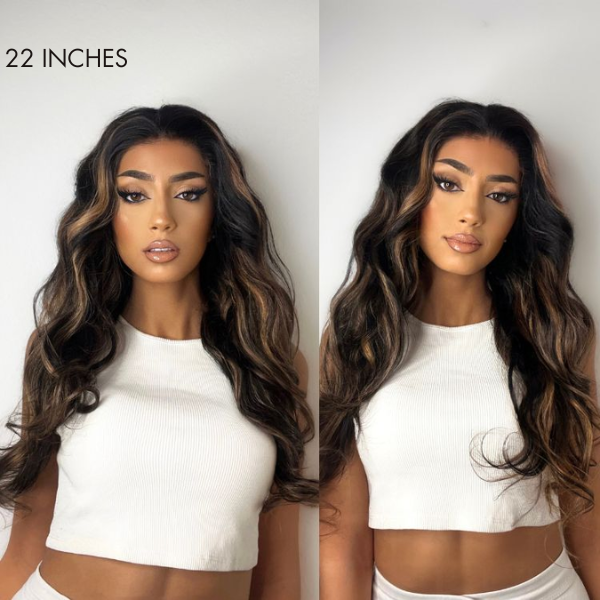 Luxurious Blonde Highlights Loose Wave 13x4 Frontal HD Lace Glueless Mid Part Long Wig 100% Human Hair