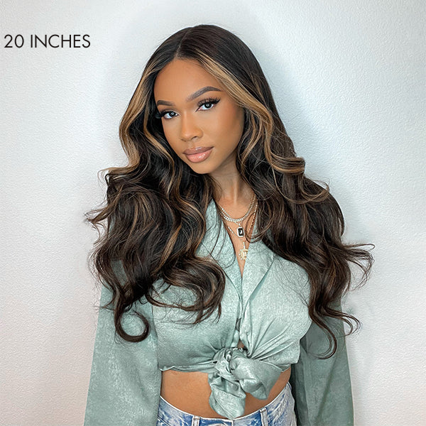 Luxurious Blonde Highlights Loose Wave 13x4 Frontal HD Lace Glueless Mid Part Long Wig 100% Human Hair