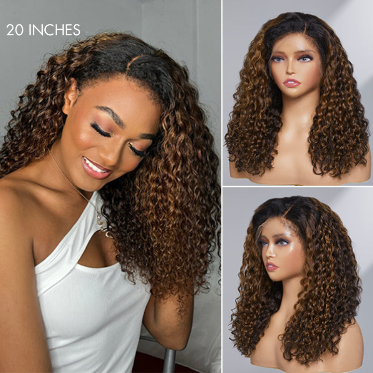 4C Edges | Kinky Edges Ombre Brown Deep Wave Glueless 13x4 Frontal HD Lace Side Part Long Wig 100% Human Hair