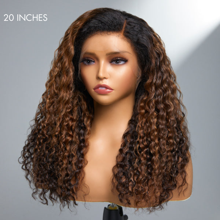 4C Edges | Kinky Edges Ombre Brown Deep Wave Glueless 13x4 Frontal HD Lace Side Part Long Wig 100% Human Hair