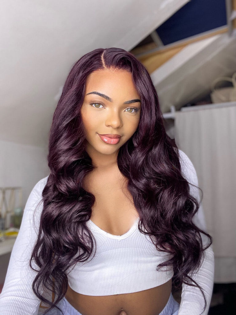 【16 inches = $189.9】Classic Dark Plum Body Wave Glueless 5x5 Closure Undetectable HD Lace Long Wig 100% Human Hair