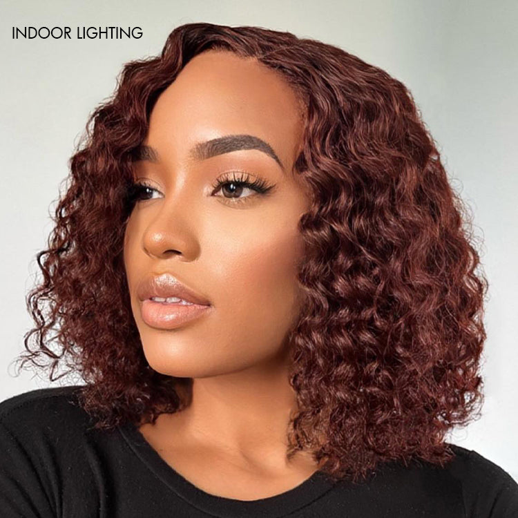 Reddish Brown Water Wave 4x4 Closure Lace Glueless C Part Short Wig 100% Human Hair | Summer Trendy