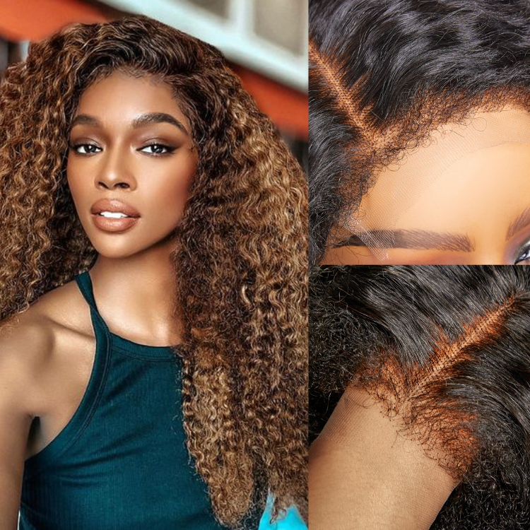 【14 inches = $179.9】4C Edges | Kinky Edges Ombre Brown Deep Wave Glueless 13x4 Frontal HD Lace Side Part Long Wig 100% Human Hair