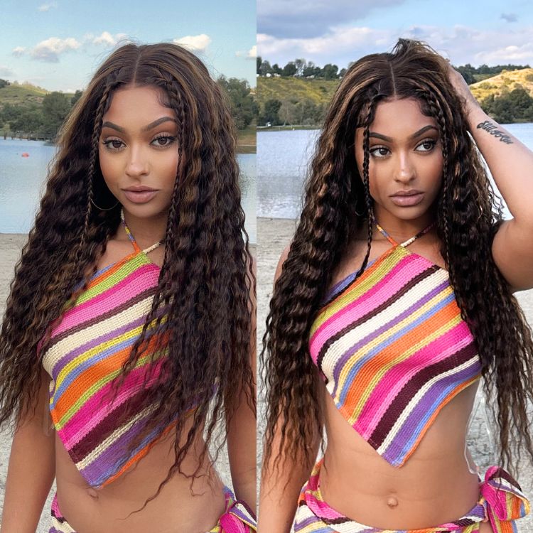 Special Deal | Boho-Chic | Chestnut Brown Highlights Bohemian Curly 5×5 Closure Lace Glueless Mid Part Long Wig 100% Human Hair