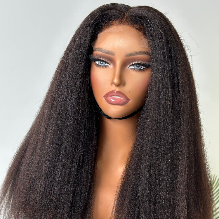 【22 inches = $239.9】4C Edges | Natural Black / Ombre Brown Kinky Edges Kinky Straight 5x5 Closure Glueless Long Wig 100% Human Hair