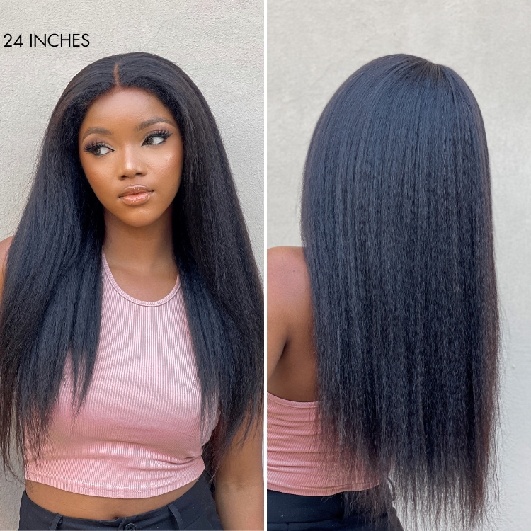 【22 inches = $239.9】4C Edges | Natural Black / Ombre Brown Kinky Edges Kinky Straight 5x5 Closure Glueless Long Wig 100% Human Hair