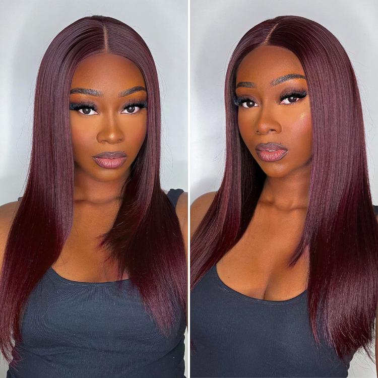 Graceful 99J Burgundy Straight Layer Glueless 5x5 Closure Lace Mid Part Long Wig 100% Human Hair