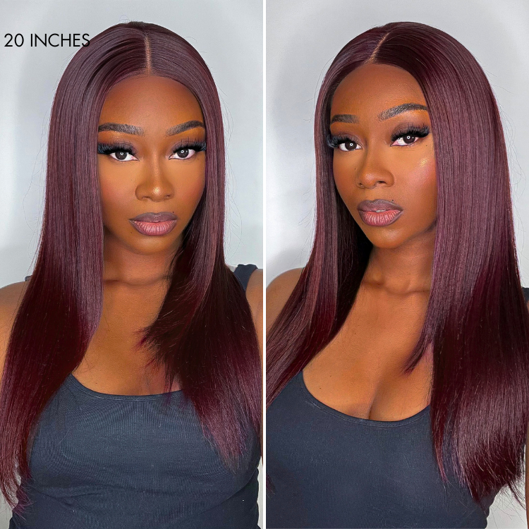 Graceful 99J Burgundy Straight Layer Glueless 5x5 Closure Lace Mid Part Long Wig 100% Human Hair