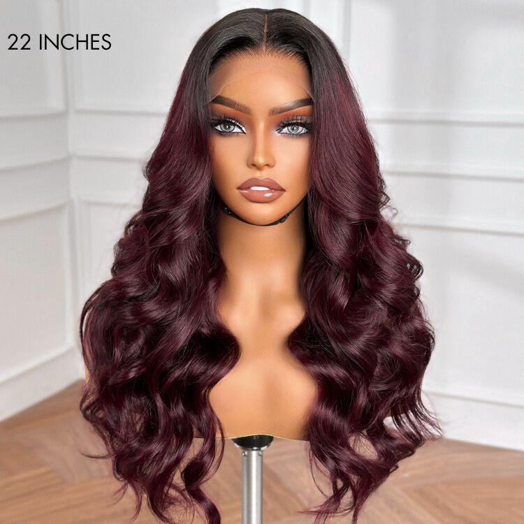 Charming Brown / Ombre 99J Layered Cut Loose Wave 5x5 Closure Lace Glueless Wig 100% Human Hair