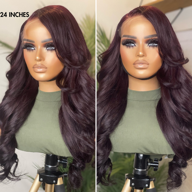 Classic Dark Plum Body Wave Glueless 5x5 Closure Undetectable HD Lace Long Wig 100% Human Hair