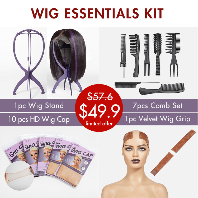 Classy Wig Essentials | 7PCS Comb Set + HD Wig Cap (10pcs) + 1PC  Wig Stand + 1PC Velvet Wig Grip