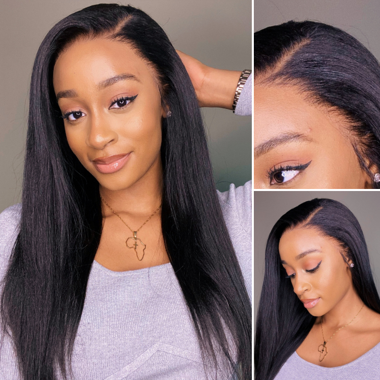 Natural Hairline Yaki Straight Glueless 13x4 Frontal Undetectable HD Lace Long Wig 100% Human Hair