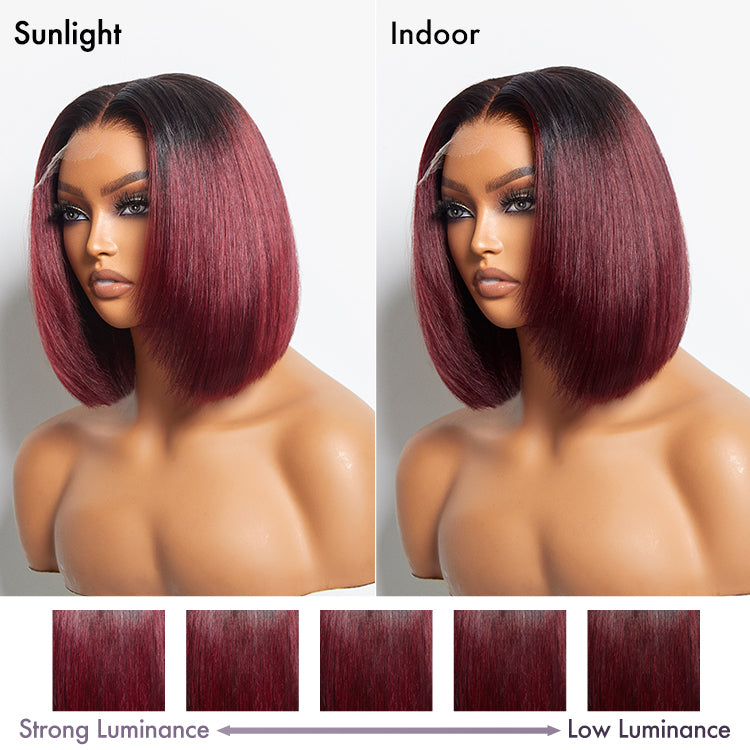 Limited Design | Dark Red / Brown Ombre Highlight Silky Layered Cut Glueless 5x5 Closure HD Lace Short Bob Wig